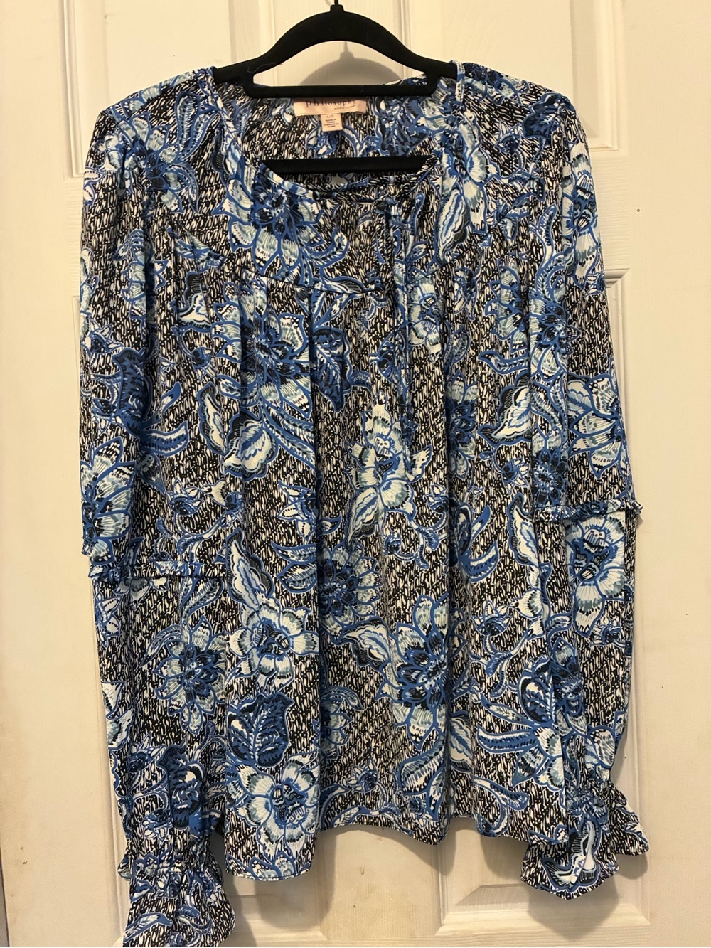 Philosophy Lightweight Blue Paisley Peasant Top - Floral Print Long Sleeve